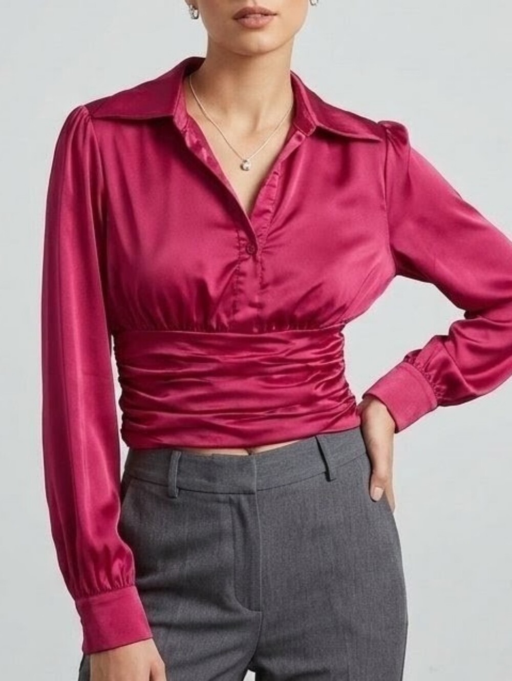 Magenta Satin Long Sleeve Collared Ruched Waist Blouse Smocked Back, Small, NWT